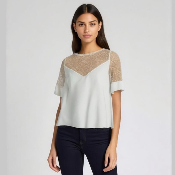 Zara White Short Sleeve Contrast Lace V-Neck Flowy Crop Blouse Size Medium - Picture 1 of 16